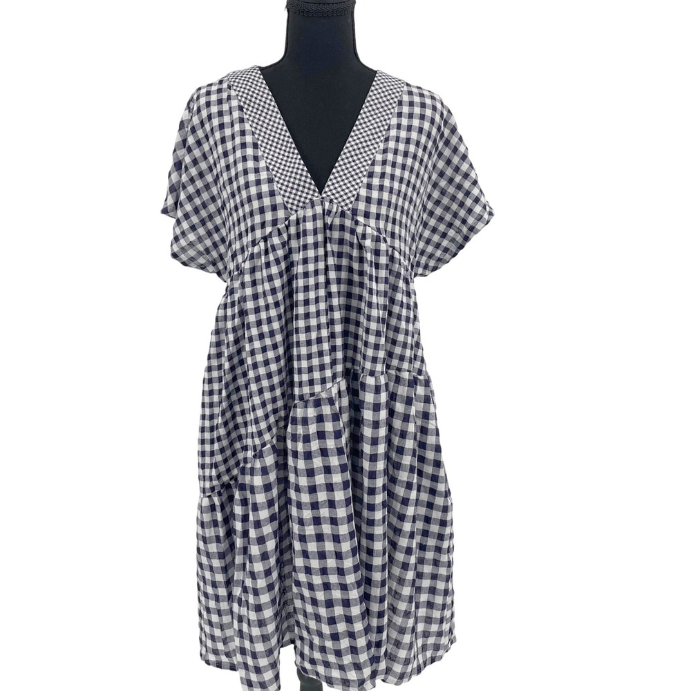 Anthropologie 11.1 Tylho Navy Gingham‎ Tiered V-Neck Mini Dress Small NWT Boho
